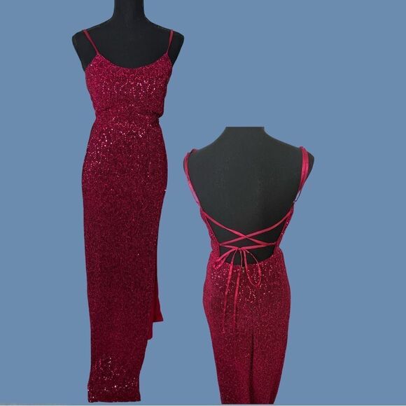 👠Teeze Me burgundy sequin strappy open back fitted evening maxi dress size small - Picture 5 of 12